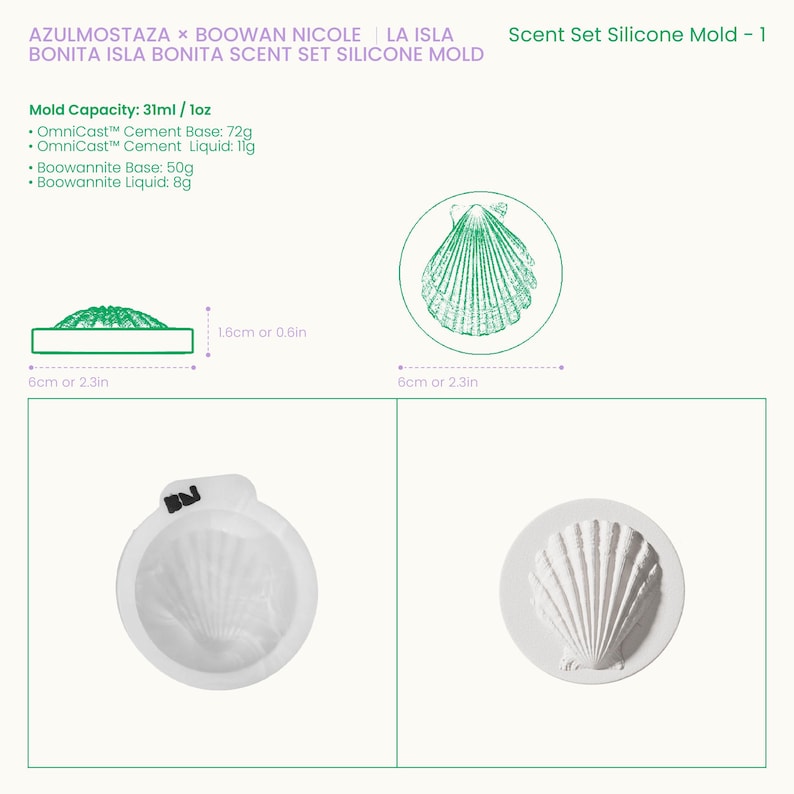 Op de afbeelding: Een siliconen malset voor het maken van schelpvormige items. De afbeelding toont de mal in verschillende stadia, waaronder een groene omtrek, een witte mal en een afgewerkt product. De mal heeft een capaciteit van 31 ml en de afmetingen zijn 6 cm bij 6 cm.