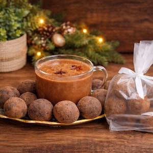 May include: A clear glass mug filled with a warm brown beverage, garnished with star anise. Chocolate truffles are arranged on a decorative plate. A clear bag filled with truffles is tied with a white ribbon. Festive holiday decor in the background.