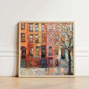 Puede incluir: Una pintura de una fila de casas adosadas coloridas con un árbol en frente. Las casas están pintadas en tonos de naranja, rosa y azul. El árbol tiene ramas desnudas y está pintado en tonos de marrón y verde.