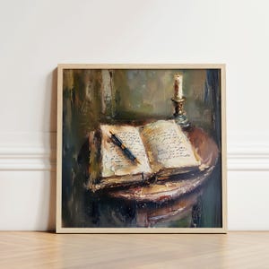 Vintage Writing Desk | Printable Dark Academia Wall Art | Dreamlike Oil Painting Aesthetic Moody Textured AI Artwork