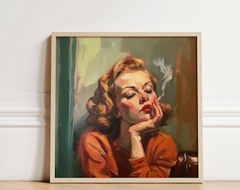 May include: A framed vintage-style painting of a woman with red lipstick and auburn hair, smoking a cigarette. She is wearing an orange top and resting her chin on her hand. The artwork has a retro aesthetic.