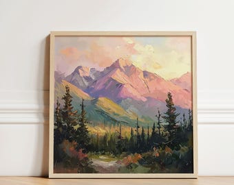 Pode incluir: Uma pintura de uma cordilheira com um céu rosa e roxo. As montanhas são cobertas de árvores e há um caminho que leva através das árvores.