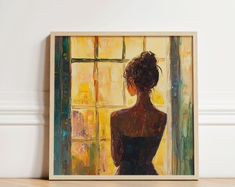 窓辺のモダンウーマン | 印刷可能なライトアカデミアヴィンテージウォールアート | 夢のような油絵の美的ムーディなテクスチャAIアートワーク