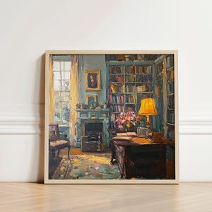 May include: A painting of a room with a bookshelf, a lamp, and a chair. The room is painted in shades of blue and green, and the furniture is a dark wood. The lamp is lit and casts a warm glow on the room.