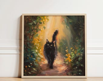May include: A black cat with yellow eyes walks through a lush green forest with a golden light shining through the trees.