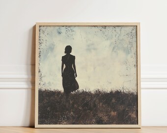 草むらの女性のシルエット p.1 | 印刷可能なヴィンテージ ウォール アート | 夢のような油絵の美的ムーディなテクスチャ AI アートワーク