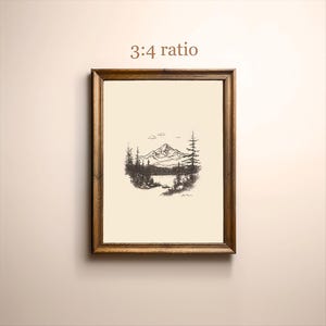 May include: A framed black and white line drawing of a mountain range with a lake in the foreground. The drawing is in a wooden frame with a 3:4 ratio.