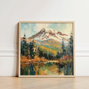 Mont Rainier en automne | Art mural nature imprimable | Peinture à l'huile onirique, esthétique, maussade, texturé, oeuvre d'art IA