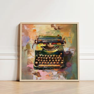 Vintage Green Typewriter | Printable Wall Art | Dreamlike Oil Painting Aesthetic Moody Textured AI Artwork