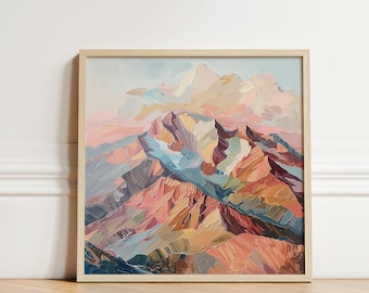 Pode incluir: Uma pintura abstrata emoldurada de uma cordilheira com uma paleta de cores rosa, laranja, amarelo, azul e verde. A pintura é feita em um estilo texturizado, dando às montanhas uma aparência tridimensional.