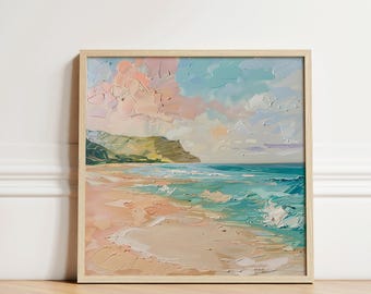 Pode incluir: Uma pintura de uma paisagem marítima com uma praia de areia, água turquesa e uma colina verde à distância. O céu é rosa suave e azul com nuvens fofas.