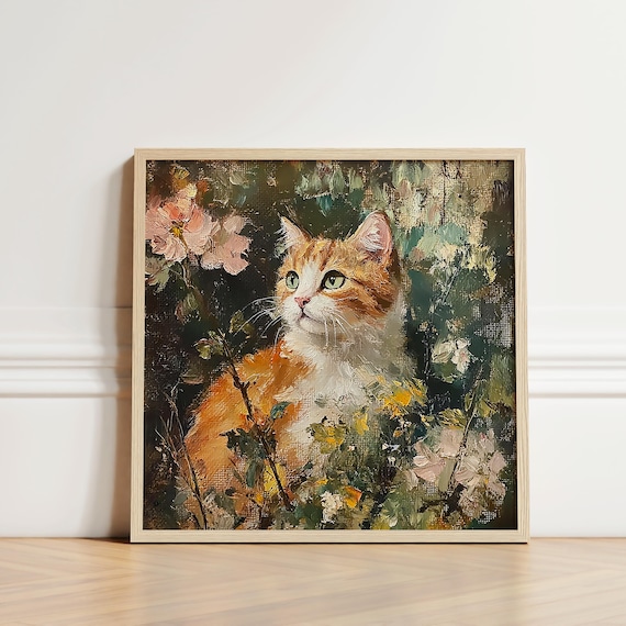 花の中の猫 | 印刷可能な猫の壁アート | 夢のような油絵の美的ムーディ