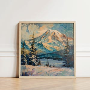 Mont Rainier en hiver | Art mural imprimable | Peinture à l'huile onirique, esthétique, maussade, texturé, oeuvre d'art IA