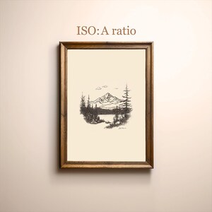 May include: A framed black and white pen and ink drawing of a mountain range with a lake in the foreground. The drawing is titled "ISO: A ratio".