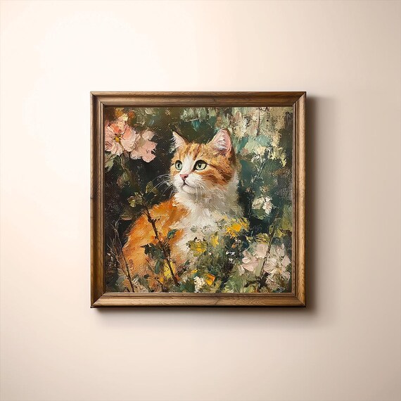 花の中の猫 | 印刷可能な猫の壁アート | 夢のような油絵の美的ムーディ