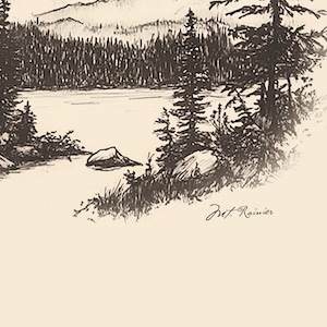 May include: A black and white pencil drawing of a lake in the mountains. The lake is surrounded by trees and there is a small island in the middle of the lake. The drawing is signed "Mt. Rainier".
