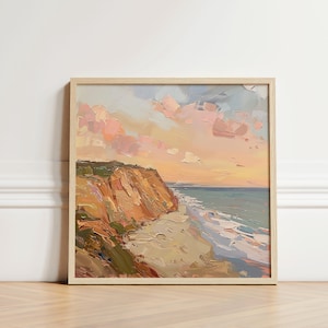 May include: A painting of a cliffside overlooking a beach with blue water and pink clouds in the sky. The painting is done in a loose, impressionistic style with visible brushstrokes.
