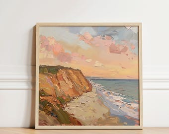 Pode incluir: Uma pintura de um penhasco com vista para uma praia com água azul e nuvens cor-de-rosa no céu. A pintura é feita em um estilo solto e impressionista com pinceladas visíveis.