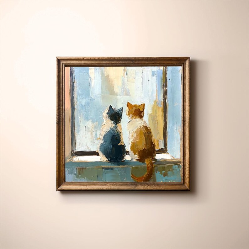 Two Cats in Window | Printable Cat Wall Art | Dreamlike Oil Painting ...