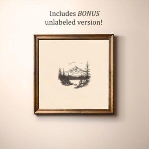 May include: A black and white line drawing of a mountain range with a lake in the foreground. The drawing is framed in a brown wooden frame.