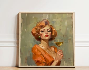 May include: A painting of a woman with red hair wearing a bright orange dress. She is holding a glass of white wine and looking directly at the viewer.