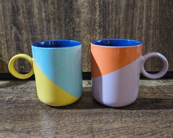 Habitat Dipped Colour Mugs Set, Orange Pink Green Yellow Coffee Cups, Retro Kitchenware, Vintage Home Drinkware, Colourful Ceramic Cups