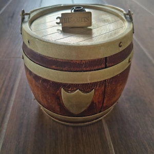 Vintage Wooden Biscuit Barrel, Ceramic Liner, Brass Handle, Rustic Kitchen Storage