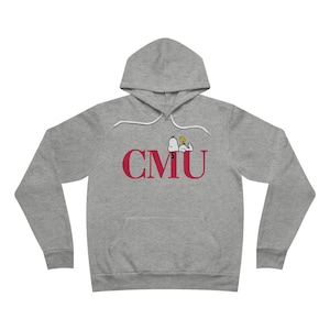 May include: A heather gray hooded sweatshirt with a kangaroo pocket. The front features the letters "CMU" in burgundy, with a Snoopy graphic. The hoodie has a drawstring and long sleeves.