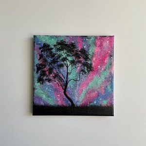 Dark Night tree under blue, green, purple galaxy acrylic art painting on canvas