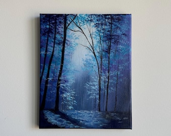 Enchanted Blue Forest Painting: 8x10 Original Acrylic Landscape Art