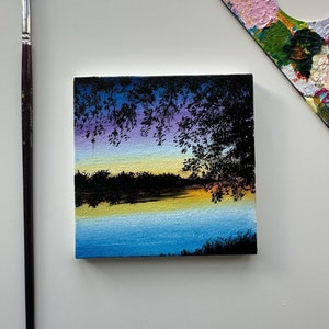 Miniature Sunset Lake Painting: Original Acrylic Landscape Art (4x4)