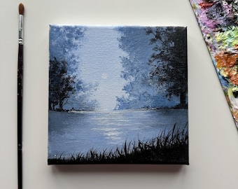 Moonlit Lake Acrylic Painting: Foggy Forest Landscape, Minimalist Art (6x6)
