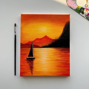 Golden Sunset Sailboat Painting: 8x10 Original Acrylic Art