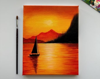 Pintura de velero al atardecer dorado: Arte acrílico original de 8x10