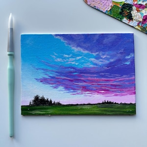7&quot; x 5&quot; Original Acrylic Painting on Canvas Board: Purple Clouds and Clear Sky | Hand-Painted Atmospheric Art | Serene Horizontal Landscape