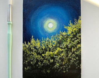 Moonlight Painting: Original Acrylic Night Landscape, 5x7 Canvas