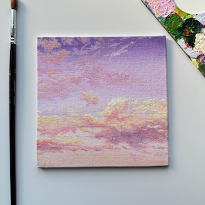 Miniature Pink & Purple Sky Painting: Hand-Painted Atmospheric Art (5&quot; x 5&quot;)