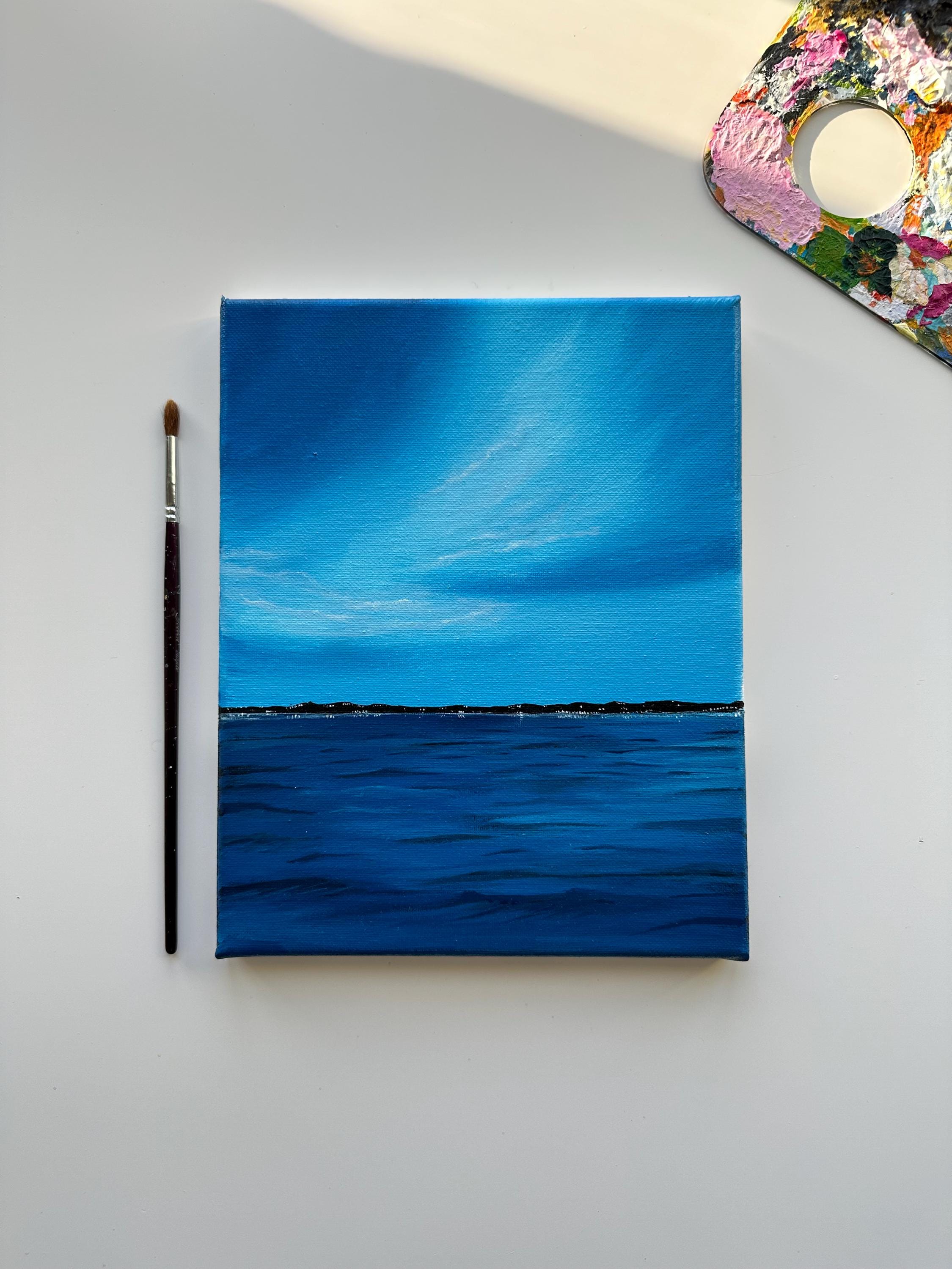極希少◆AOR名盤◆SHELL OF THE OCEAN/TURN BLUE Original Blue Ocean Horizon Acrylic Painting: Minimalist Seascape
