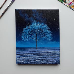 Original Starry Night Tree Painting: 8x10 Acrylic Landscape Art