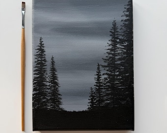 Pintura original de un bosque sombrío de 6x8 pulgadas, paisaje oscuro sobre lienzo acrílico, arte minimalista de la naturaleza.
