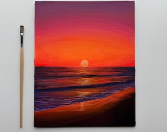 Costa carmesí / Pintura original de la playa al atardecer 8x10