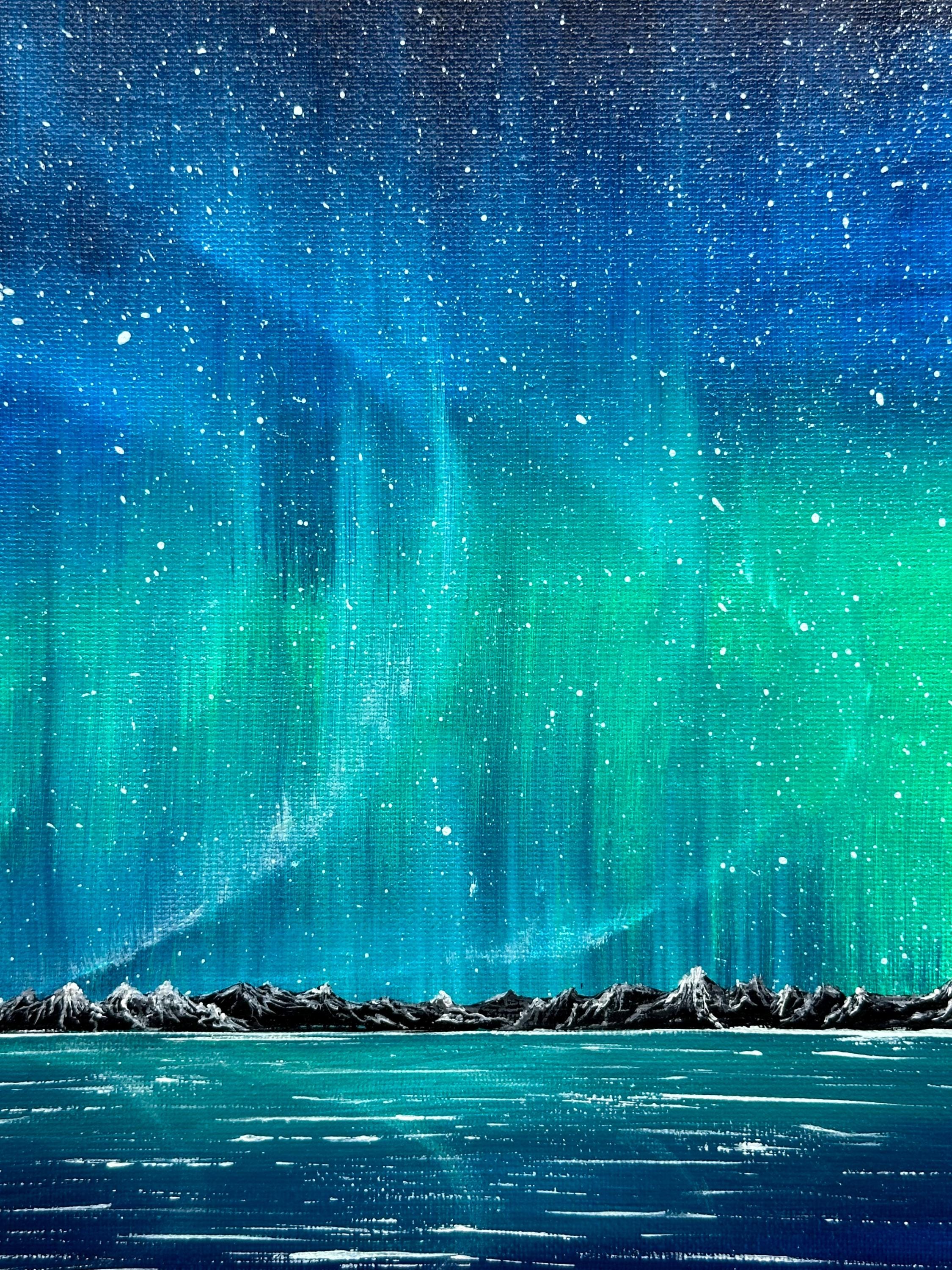 Emerald Aurora Acrylic Painting: Arctic Northern Lights Landscape