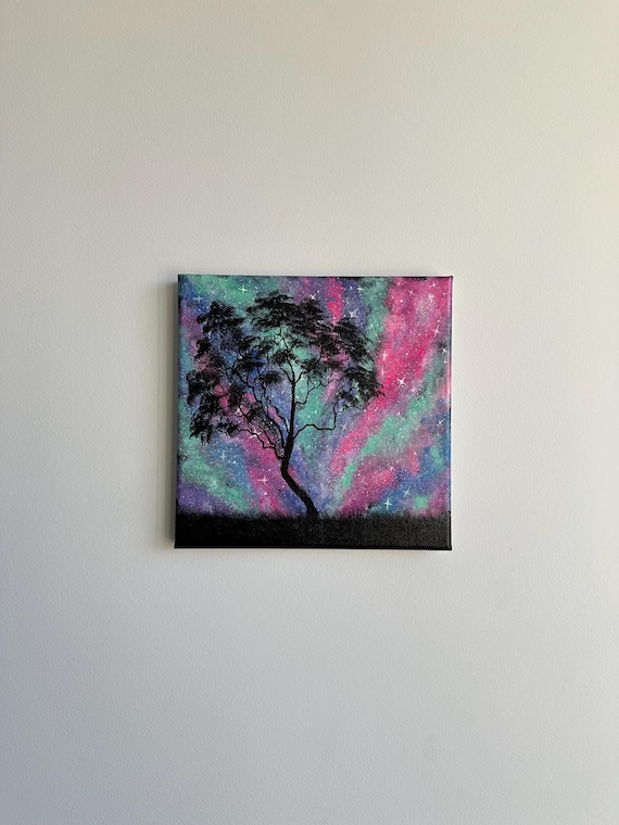 Cosmic Galaxy Tree Painting: 8" x 8" Original Acrylic Art