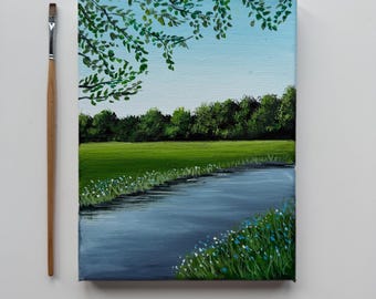 Pintura acrílica original de paisaje fluvial de 6x8 pulgadas, arte sobre lienzo de arroyo en pradera.