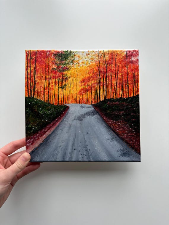 Autumn Road Painting: Original Acrylic Fall Forest Landscape, 8x8