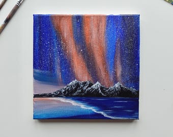 Original Northern Lights Painting: Acrylic Aurora Art on 8x8
