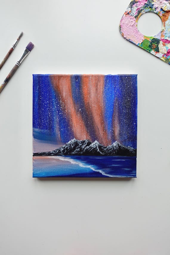 Original Northern Lights Painting: Acrylic Aurora Art on 8x8