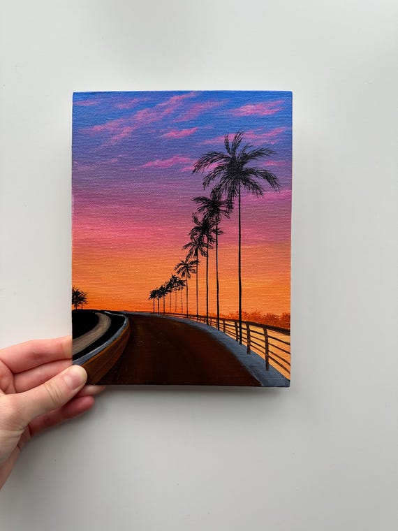 Sunset Palms - 6x8” Original Acrylic Painting | Tropical Road Wall