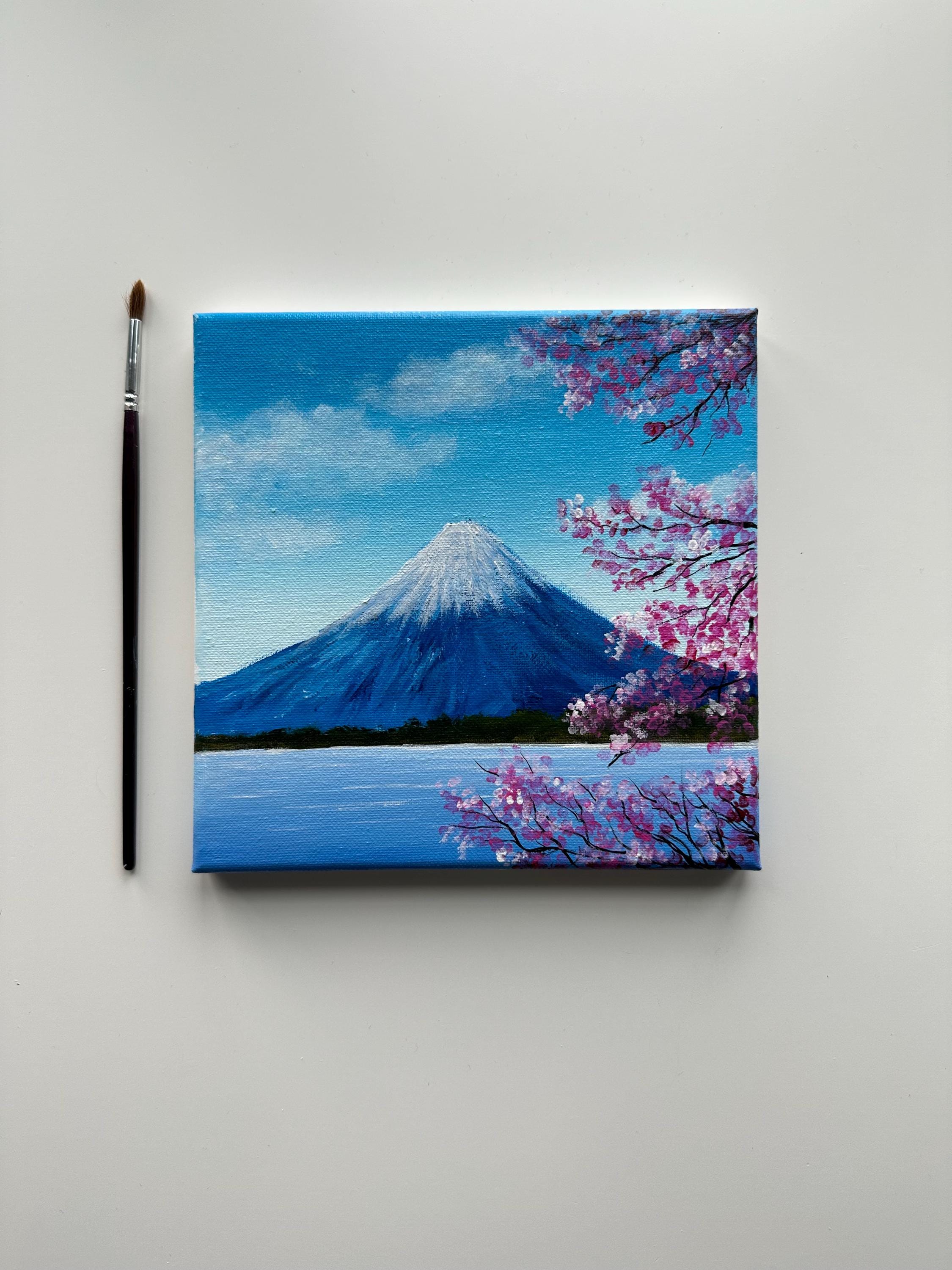 Mt. Fuji Acrylic Painting: Japanese Cherry Blossom Landscape Art