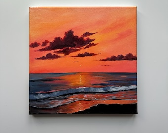 May include: Square canvas painting of a sunset over the ocean. The sky is a gradient of orange and red, with dark clouds. The ocean is dark blue with white waves, and the beach is orange. The sun reflects on the water.